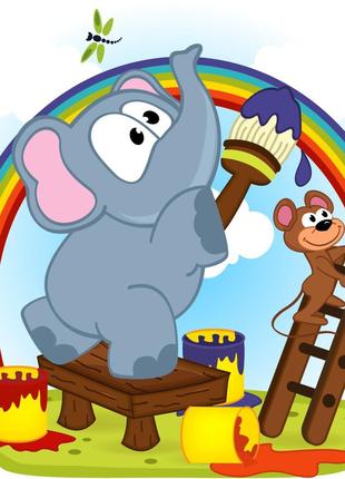 Картина по номерам Strateg Слон и обезьяна рисуют радугу с лак...