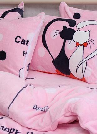 Утеплённое постельное бельё из микрофибры розовое с котятами. ...
