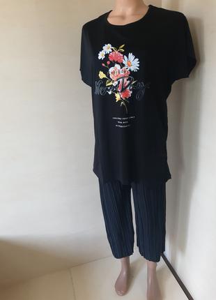 Женский летний костюм футболка бриджи цветы большие размеры 48...