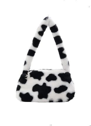Женская трендовая плюшевая сумка багет черный белый коровий принт