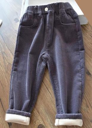 Серые вельветовые утепленные штаны на резинке детские