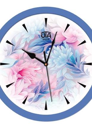 Настінний годинник безшумний зі склом круглі блакитні Квіти Smart