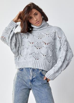Ажурный свитер с застежкой по бокам - серый цвет, L
