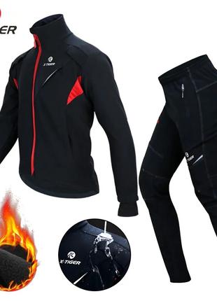 Зимова велоформа X-Tiger Windproof, Костюм куртка + штани, Чорний