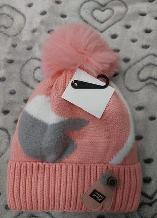 Зимова шапка на флісі з помпоном для дівчинки до 3х років