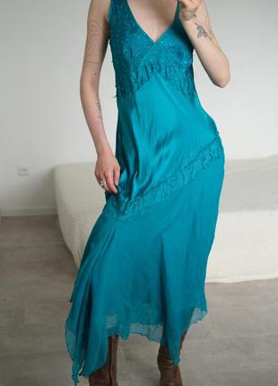 Винтажное ярко голубое платье из натурального шелка