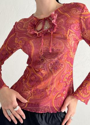 Розовая винтажная блуза кофточка сетка на завязках