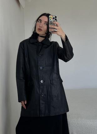 Черный винтажный кожаный пиджак курточка