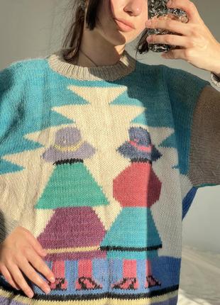 Вінтажний вовняний оверсайз різнокольоровий светр