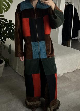 Винтажное длинное разноцветное пэчворк пальто