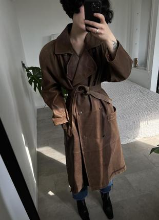 Крутой раритетный кожаный коричневый винтажный плащ