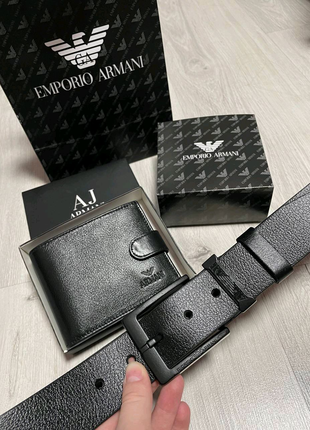 Ремінь+гаманець чоловічий шкіряний комплект у стилі Armani