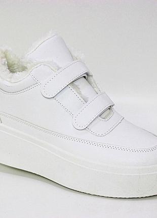 Жіночі зимові білі кросівки з липучками на високій підошві білий