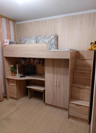 Кровать чердак со столом и шкафом Эколь (в цвете дуб сонома)