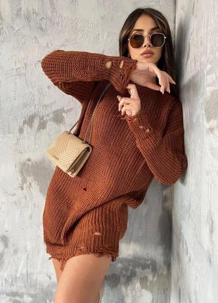 Рваный женский свитер-туника | тренд сезона вязаный удлиненный...
