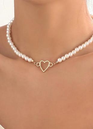 Женское ожерелье жемчужное с сердечком