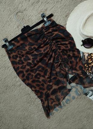 Красивая короткая юбка сетка леопард с завязкой и рюшами