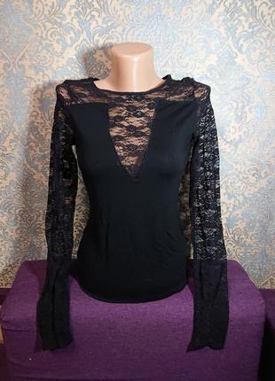 Красивая черная кофта блуза с кружевом р.42/44 блузка гольф