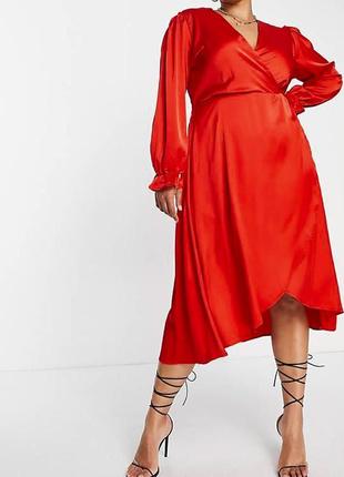 Красное атласное платье длина мидакси размер 46
