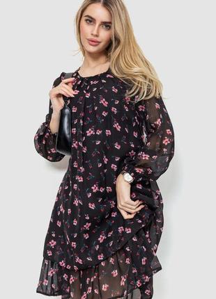 Сукня з квітковим принтом шифонова, колір чорно-рожевий, 230r018
