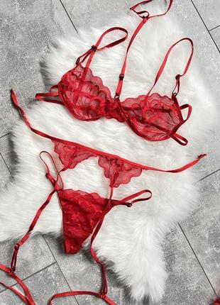 Еротична інтимна жіноча нижня білизна комплект червоний з пояс...