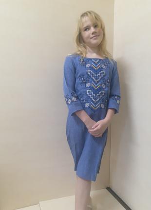 Сукня вишиванка льон для дівчинки синє джинс Family Look 146 -...