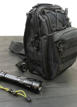 Набір: армійська чорна сумка + тактичний ліхтар професійний po...