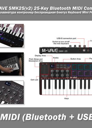M-VAVE / Lekato SMK25(v2) 25-Key Bluetooth MIDI Control миди к...