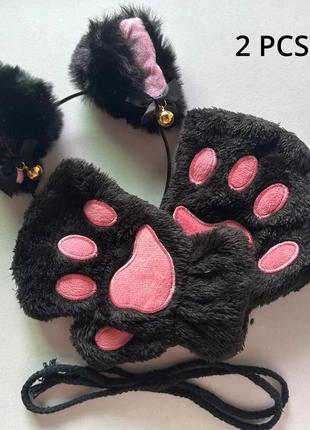 Набор: ободок кошачьи ушки и перчатки лапки черные, карнавальн...