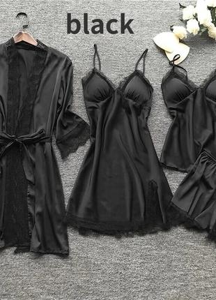 Набор женских пижам черный. Халат, рубашка, пежамный комплект:...