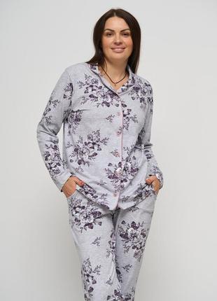 Батальна піжама зі штанами і кофтою на ґудзиках - квітковий принт
