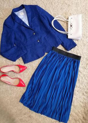 Изысканный синий женский комплект - костюм жакет + юбка миди