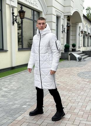 Мужская зимняя куртка удлиненная с капюшоном белая Pobedov Zmist