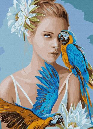 Картина по номерам Девушка с голубыми попугаями KHO4802 Идейка...