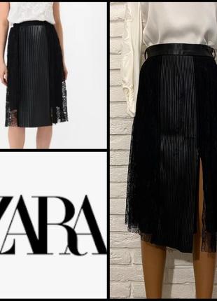 Zara, чёрная плиссированная юбка миди zara, гипюр, эко кожа, п...