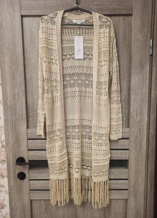 Кардиган накидка ажурный плетеный вязаный бохо с бахромой