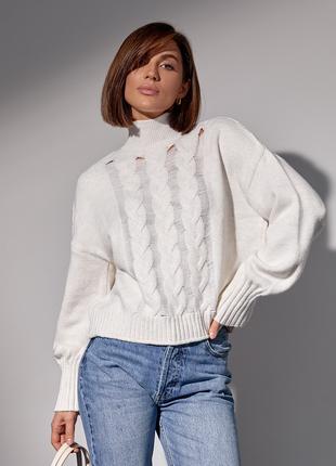 Вязаный женский свитер с косами - молочный цвет, L