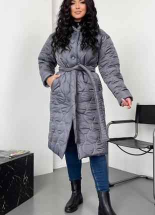 Куртка длинная стеганая пальто стеганое серая 50