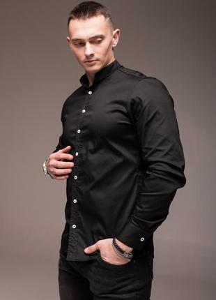 Черная мужская рубашка casual воротничок - стойка