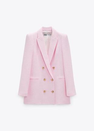 Пиджак твидовый розовый двубортный жакет блейзер твид zara