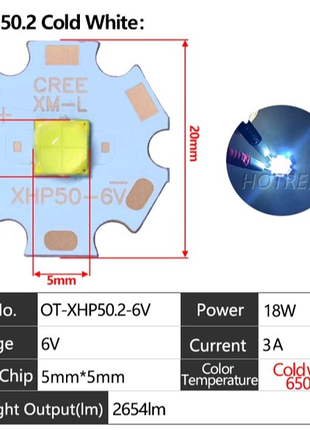 Яскравi світлодіоди XHP50.2 на 6В потужністю 18 Вт/ 6500К/ 20мм