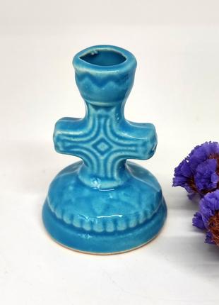 Подсвечник голубой в форме креста из керамики, отверстие 12 мм