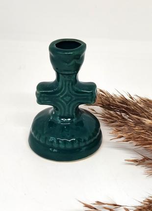 Подсвечник зеленый в форме креста из керамики, отверстие 12 мм