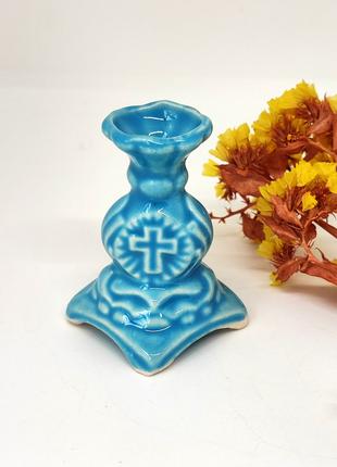 Подсвечник с крестом голубой из керамики, отверстие 6 мм