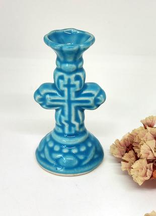 Подсвечник распятие голубой из керамики, отверстие 8 мм.