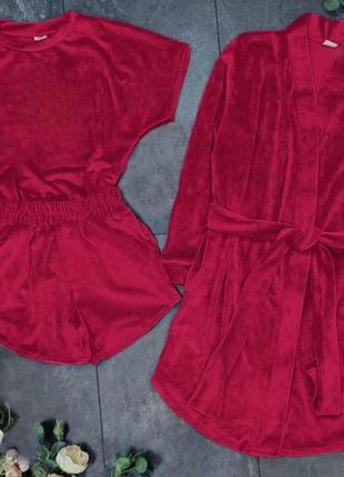 Домашний комплект пижама 5в1 на подростка из велюра (халат, фу...