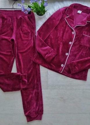 Пижама велюровая детская кофта и штаны темно - малинового цвета