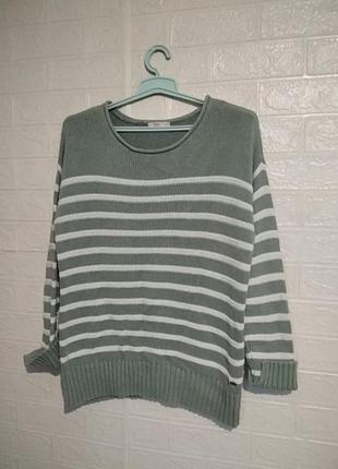 Кофта свитер вязаный нежного зеленого цвета в белую полоску с ...