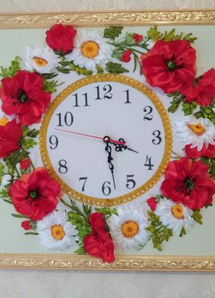 Картина-годинник "Ромашково-маковий вінок" з вишивкою стрічками