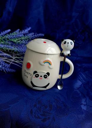 Панда 🐼🍬☕ чашка кераиическая с крышкой и ложкой пандочка фарфо...